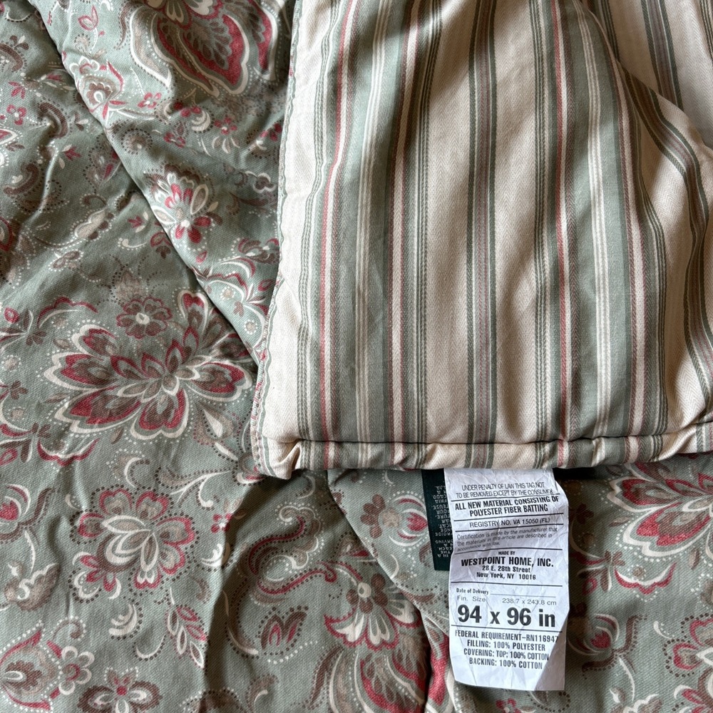 Ralph Lauren Reversible Full / Queen Comforter Bedspread Green Floral Striped